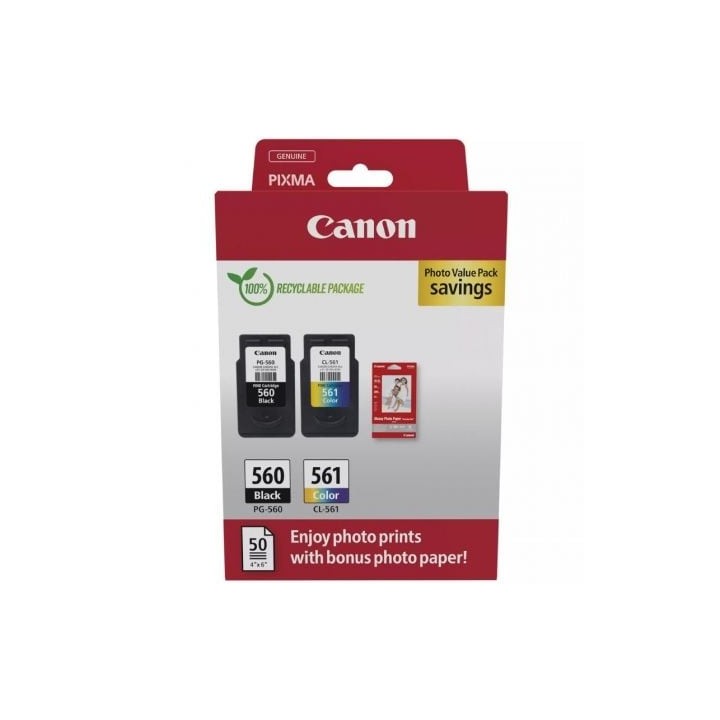 Cartucho de Tinta Original Canon PG-560 + CL-561 Multipack/ Negro/ Tricolor + Papel Fotográfico