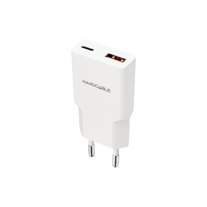 Cargador de Pared Nanocable 10.10.2022/ 1xUSB Tipo-C/ 1xUSB/ 20W/ Blanco