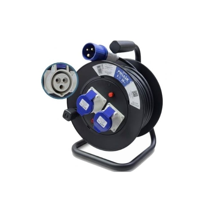 Regleta enrollable Phasak BN 3475/ 2 Enchufe industrial 2P+TT/ Cable 25m/ Negro y Azul