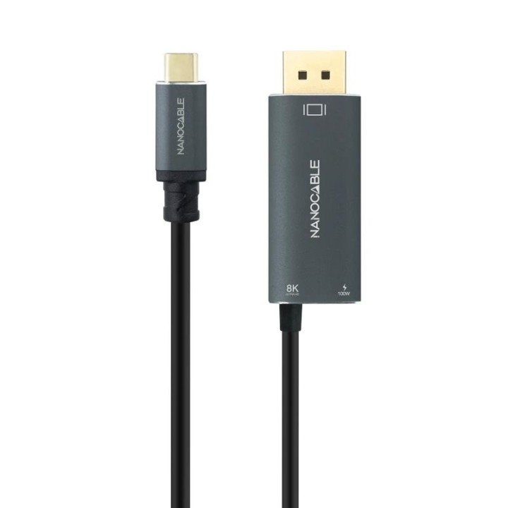 Cable Conversor Nanocable 10.15.5012/ USB Tipo-C Macho - DisplayPort 8K Macho/ USB Tipo-C Hembra/ Hasta 100W/ 1.8m/ Gris