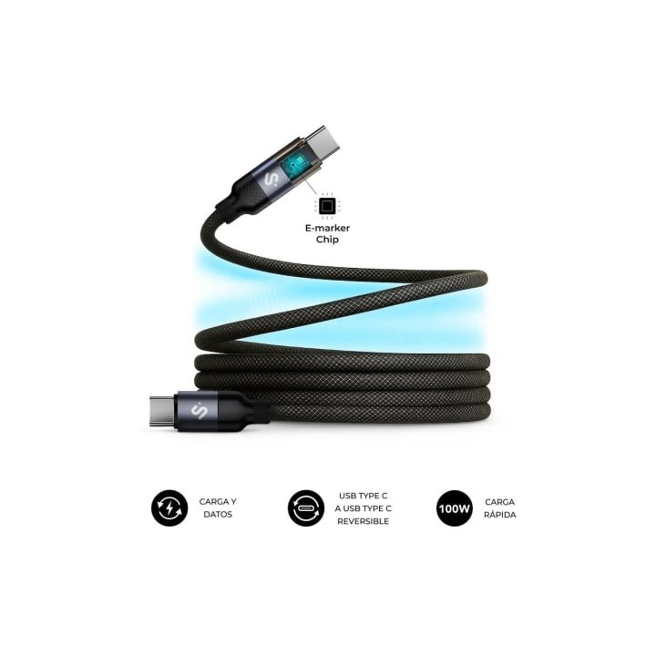 Cable USB 2.0 Tipo-C Subblim PowerMag Led/ USB Tipo-C Macho - USB Tipo-C Macho/ Hasta 100W/ 480Mbps/ 2m/ Negro