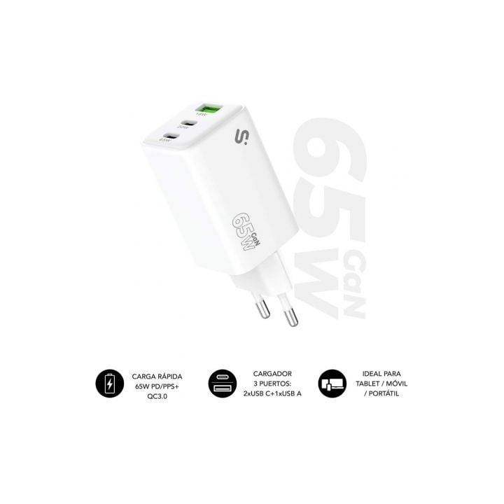 Cargador de Pared GaN Subblim 65W Charger USB C+C+A/ 2xUSB Tipo-C/ 1xUSB/ 65W