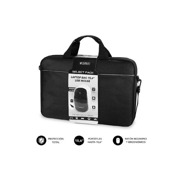 Maletín + Ratón Subblim Select Pack para Portátiles hasta 15.6"/ Cinta para Trolley/ Negro
