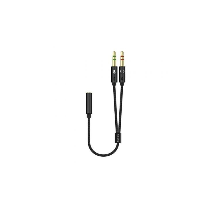 Cable Estéreo Aisens A128-0418/ Jack 3.5 Hembra - 2x Jack 3.5 Macho/ 25cm/ Negro