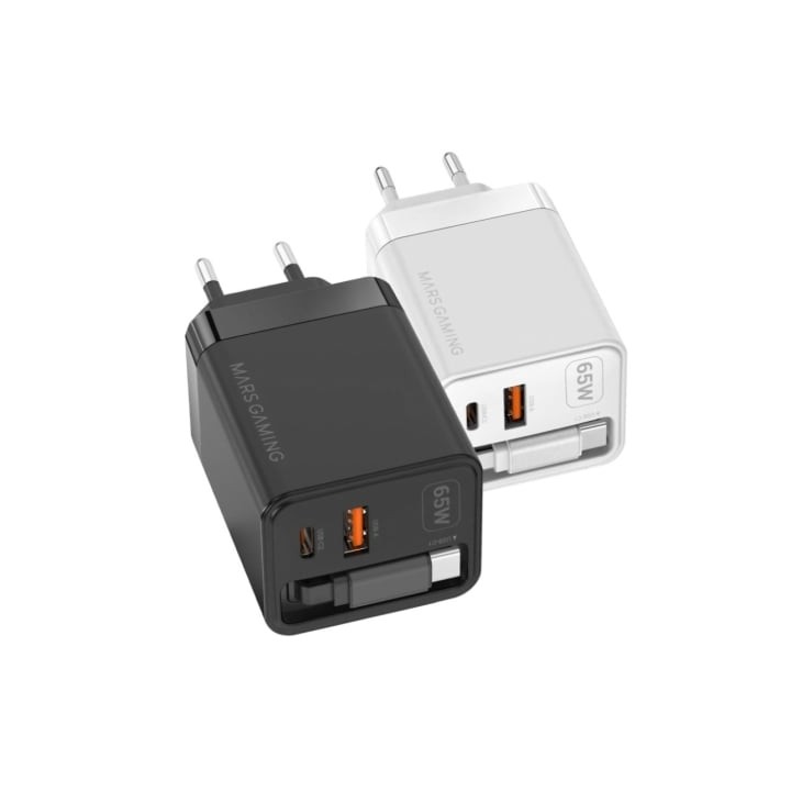 Cargador de Pared GaN Mars Gaming MD-GAN65R/ 1xUSB Tipo-C/ 1xUSB/ 65W/ Negro