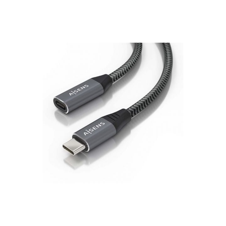 Cable Alargador USB 3.2 Aisens A107-0760/ USB Tipo-C Macho - USB Tipo-C Hembra/ Hasta 100W/ 20Gbps/ 50cm/ Gris