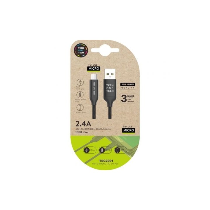 Cable USB 2.0 Tech One Tech TEC2001/ USB Macho - MicroUSB Macho/ 1m/ Negro