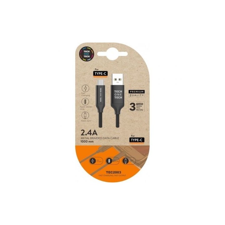 Cable USB 2.0 Tipo-C Tech One Tech TEC2003/ USB Tipo-C Macho - USB Macho/ 480Mbps/ 1m/ Negro