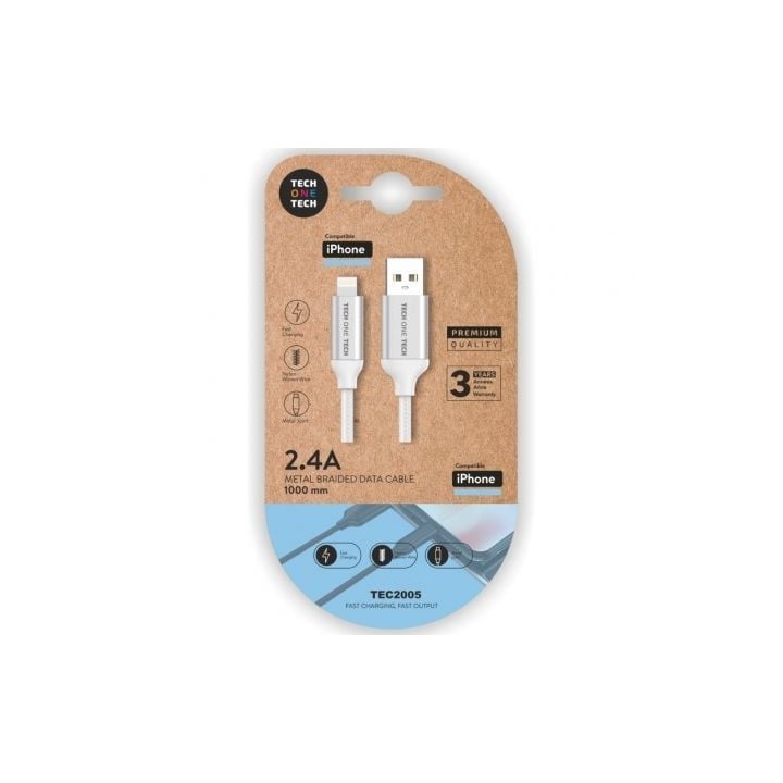 Cable USB 2.0 Tech One Tech TEC2005/ USB Macho - Lightning Macho/ 1m/ Blanco