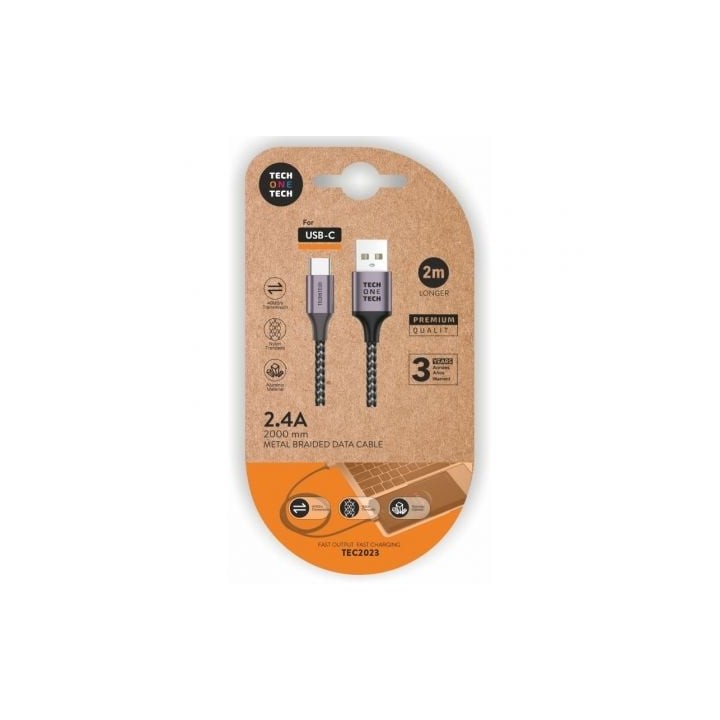 Cable USB 2.0 Tipo-C Tech One Tech TEC2023/ USB Tipo-C Macho - USB Macho/ 2m/ Gris