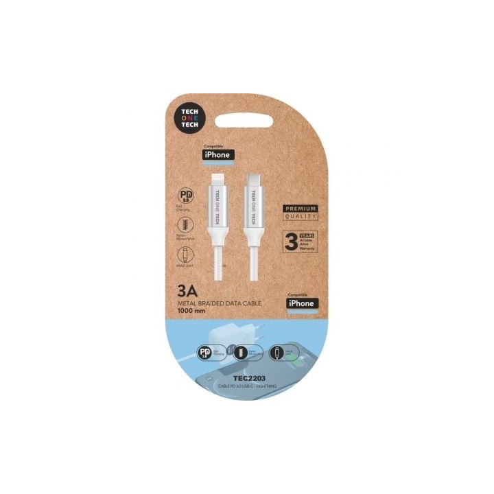 Cable USB Tipo-C Lightning Tech One Tech TEC2203/ Lightning Macho - USB Tipo-C Macho/ Hasta 20W/ 480Mbps/ 1m/ Blanco