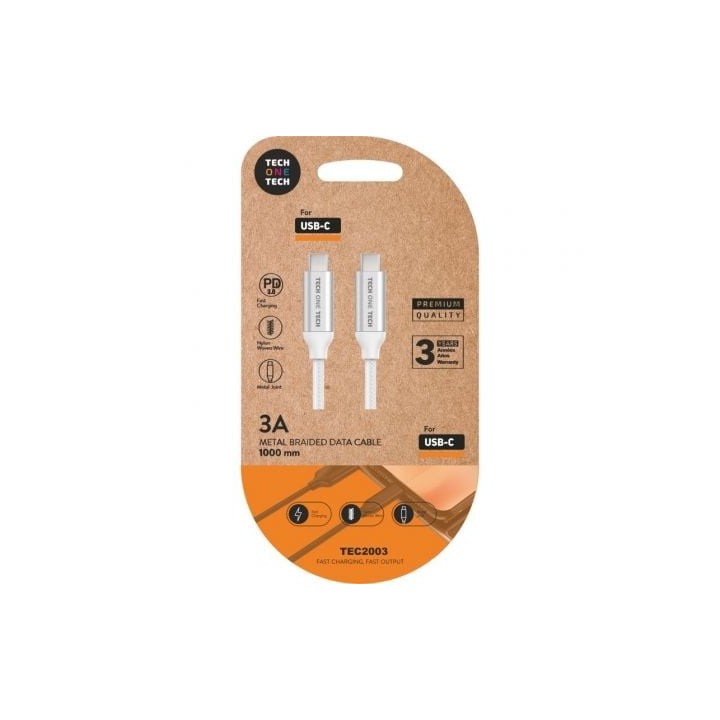 Cable USB 2.0 Tipo-C Tech One Tech TEC2204/ USB Tipo-C Macho - USB Tipo-C Macho/ Hasta 20W/ 480Mbps/ 1m/ Blanco