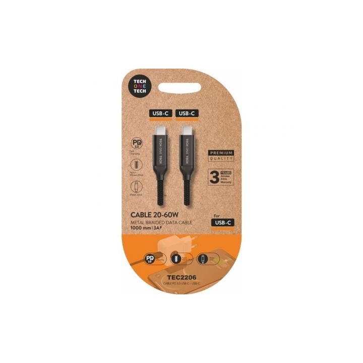 Cable USB 2.0 Tipo-C Tech One Tech TEC2206/ USB Tipo-C Macho - USB Tipo-C Macho/ Hasta 60W/ 480Mbps/ 1m/ Negro