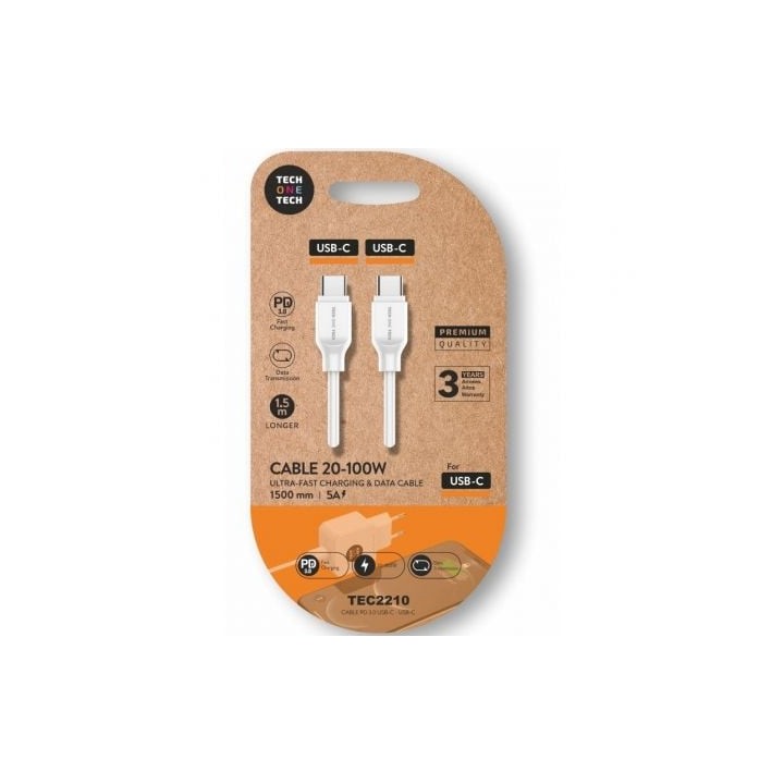 Cable USB 2.0 Tipo-C Tech One Tech TEC2210/ USB Tipo-C Macho - USB Tipo-C Macho/ Hasta 100W/ 480Mbps/ 1.5m/ Blanco