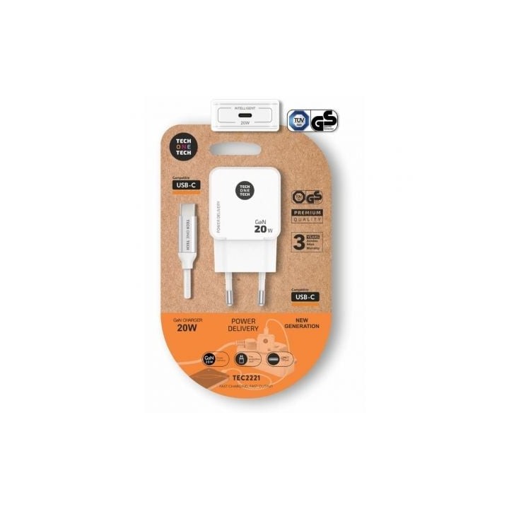 Cargador de Pared Tech One Tech TEC2221/ 1xUSB Tipo-C + Cable USB Tipo-C/ 20W/ Blanco