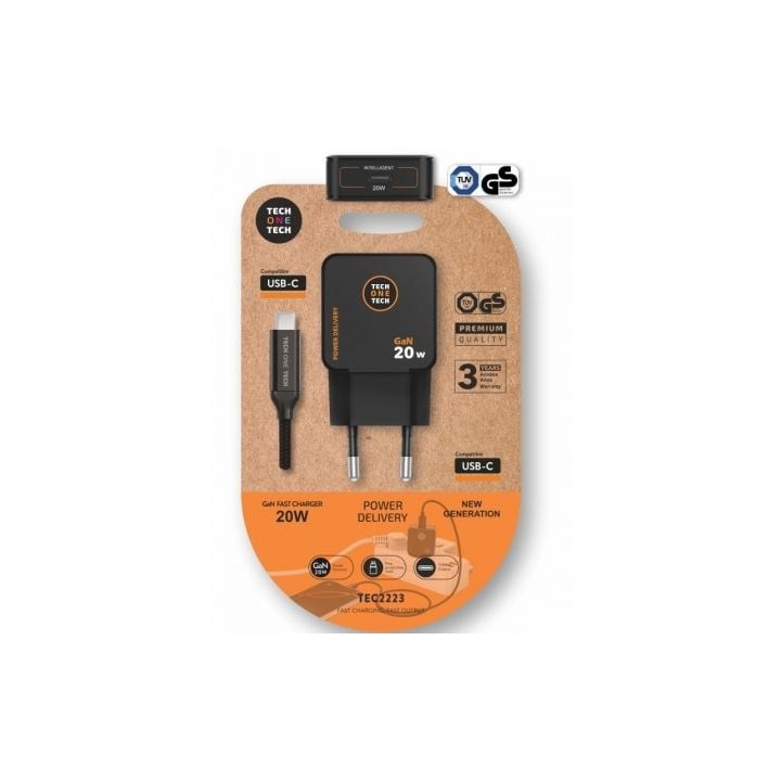 Cargador de Pared GaN Tech One Tech TEC2223/ 1xUSB Tipo-C + Cable USB Tipo-C/ 20W/ Negro