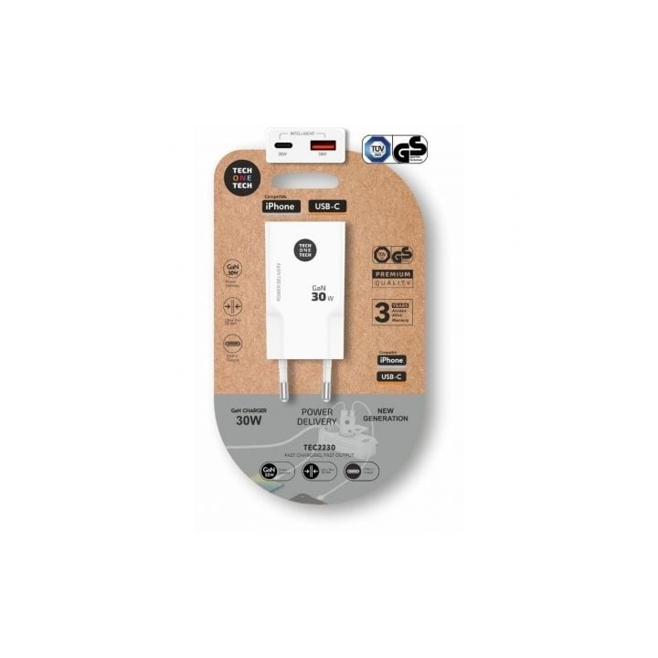 Cargador de Pared GaN Tech One Tech GaN TEC2230/ 1xUSB Tipo-C/ 1xUSB/ 30W/ Blanco
