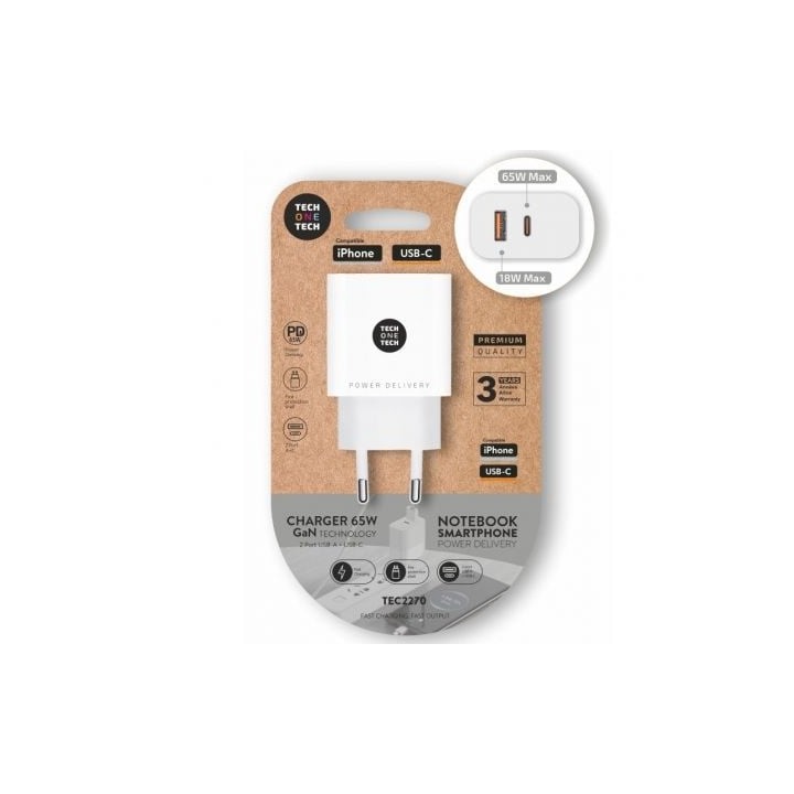 Cargador de Pared GaN Tech One Tech GaN TEC2270/ 1xUSB Tipo-C/ 1xUSB/ 65W/ Blanco