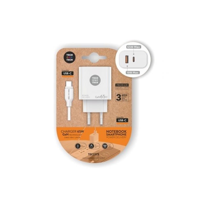 Cargador de Pared GaN Tech One Tech PD TEC2273 / 1xUSB Tipo-C/ 1xUSB/ 65W