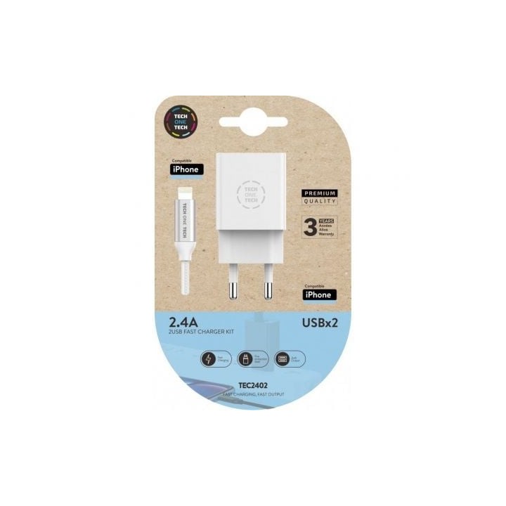 Cargador de Pared Tech One Tech TEC2402/ 2xUSB + Cable Lightning/ 12W/ Blanco