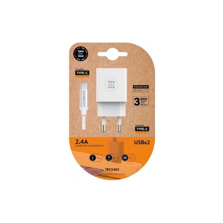 Cargador de Pared Tech One Tech TEC2403/ 2xUSB + Cable USB Tipo-C/ 12W/ Blanco