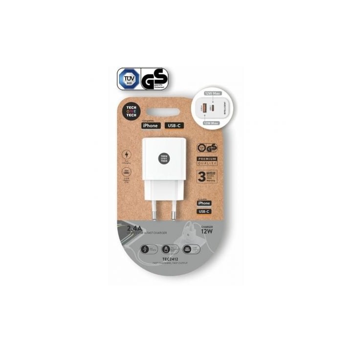 Cargador de Pared Tech One Tech TEC2412/ 1xUSB Tipo-C/ 1xUSB/ 12W/ Blanco