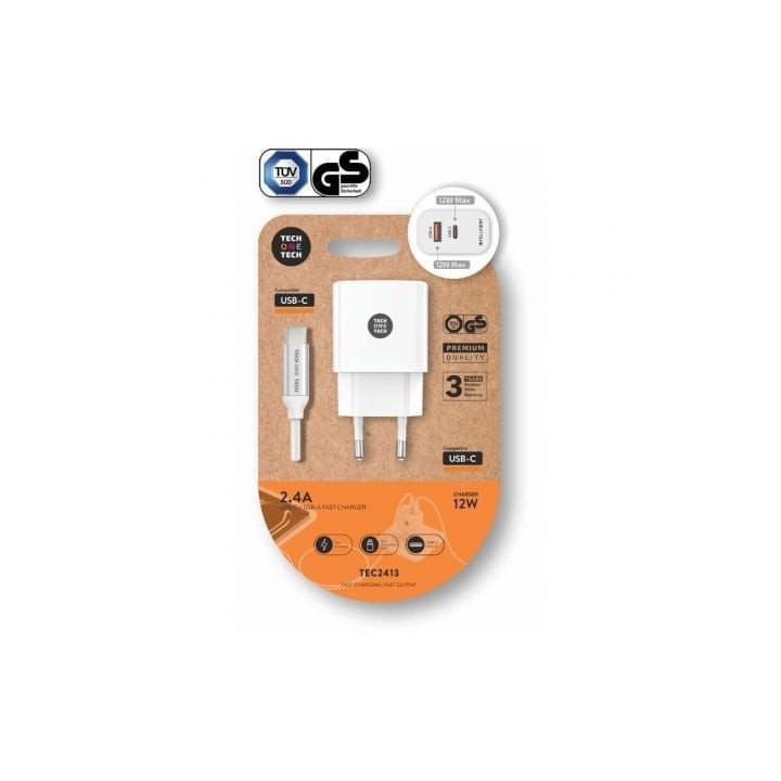 Cargador de Pared Tech One Tech TEC2413/ 1xUSB Tipo-C/ 1xUSB + Cable USB Tipo-C/ 12W/ Blanco