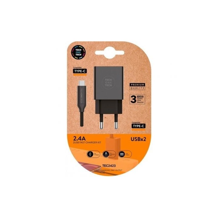 Cargador de Pared Tech One Tech TEC2423/ 2xUSB + Cable USB Tipo-C/ 12W/ Negro