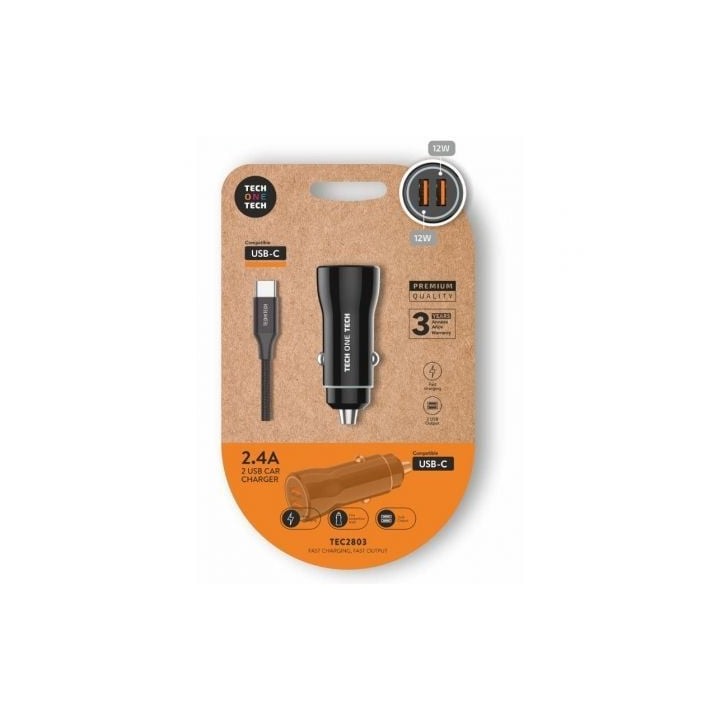 Cargador de Coche Tech One Tech TEC2803/ 2xUSB + Cable USB Tipo-C/ 12W