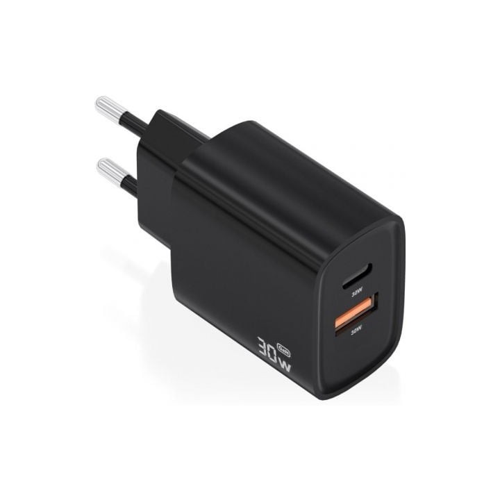 Cargador de Pared GaN Aisens A110-0953/ 1xUSB Tipo-C/ 1xUSB/ 30W/ Negro