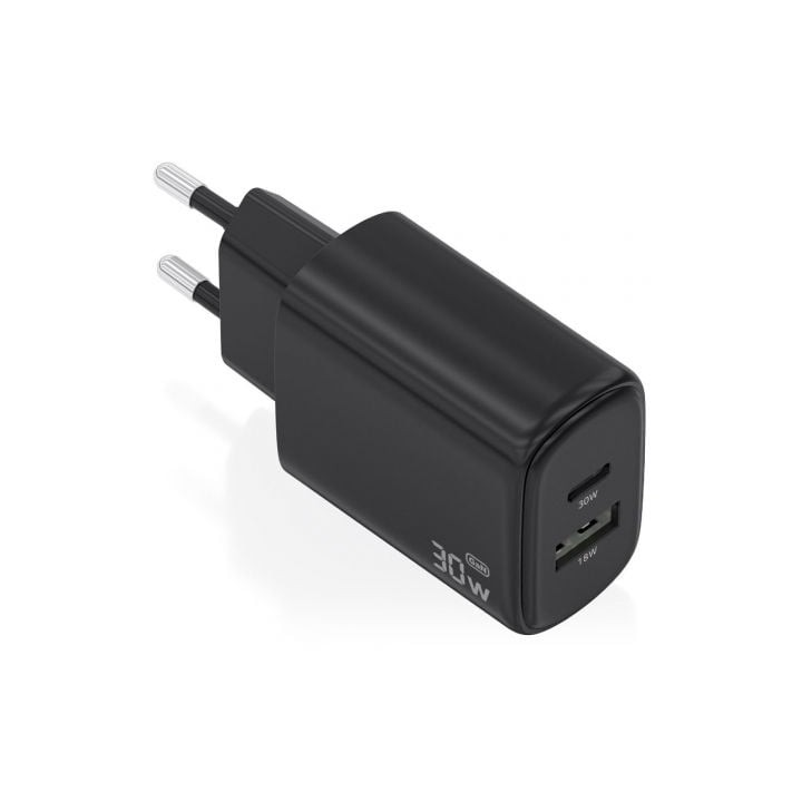 Cargador de Pared GaN Aisens A110-0978/ 1xUSB Tipo-C/ 1xUSB/ 30W/ Negro