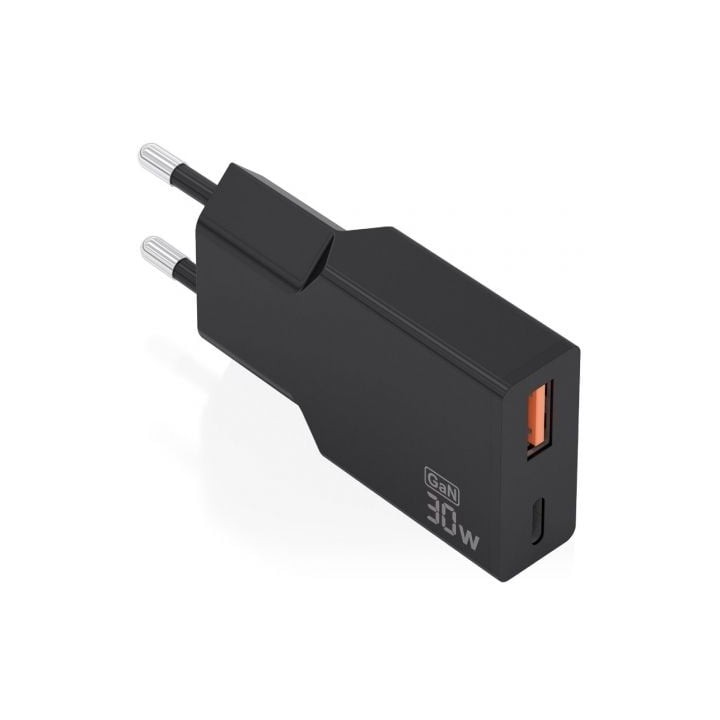 Cargador de Pared GaN Aisens A110-1005/ 1xUSB Tipo-C/ 1xUSB/ 30W/ Negro