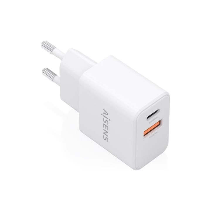 Cargador de Pared GaN Aisens A110-1025/ 1xUSB Tipo-C/ 1xUSB/ 20W/ Blanco