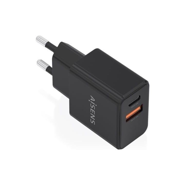 Cargador de Pared GaN Aisens A110-1026/ 1xUSB Tipo-C/ 1xUSB/ 20W/ Negro