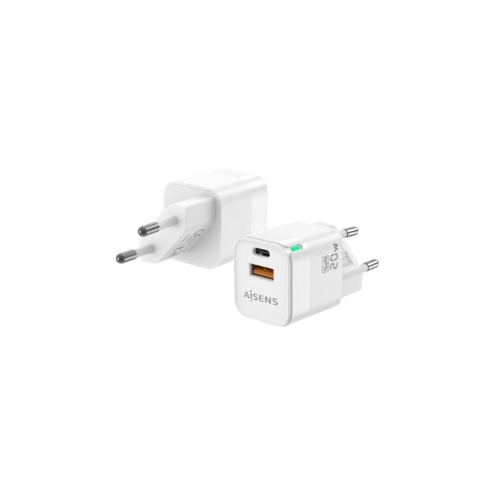 Cargador de Pared GaN Aisens ASCH-20W2P002-W/ 1xUSB Tipo-C/ 1xUSB/ 20W