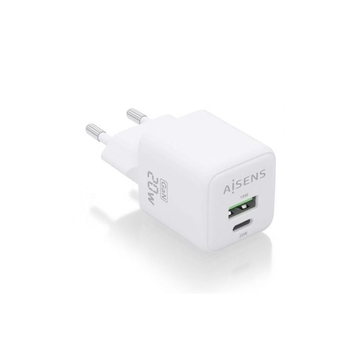 Cargador de Pared GaN Aisens ASCH-20W2P010-W/ 1xUSB Tipo-C/ 1xUSB/ 20W