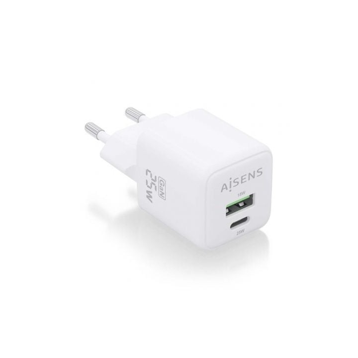 Cargador de Pared GaN Aisens ASCH-25W2P014-W/ 1xUSB Tipo-C/ 1xUSB/ 25W