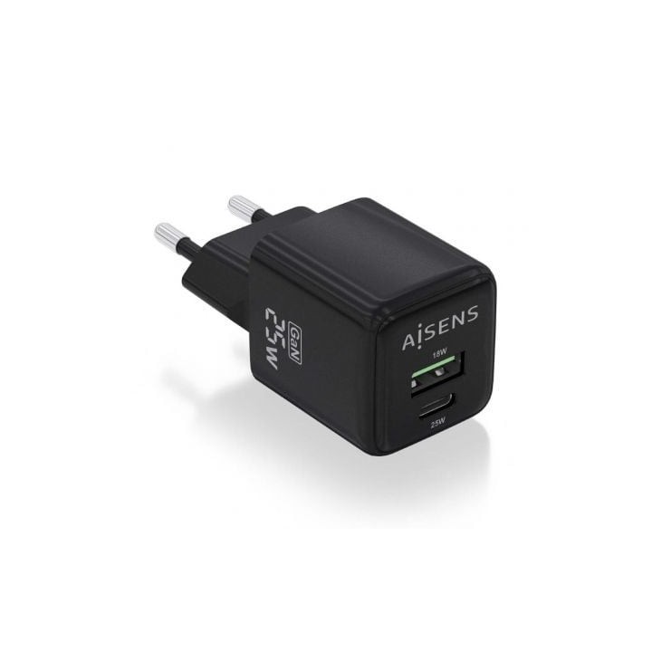 Cargador de Pared GaN Aisens ASCH-25W2P015-BK/ 1xUSB Tipo-C/ 1xUSB/ 25W