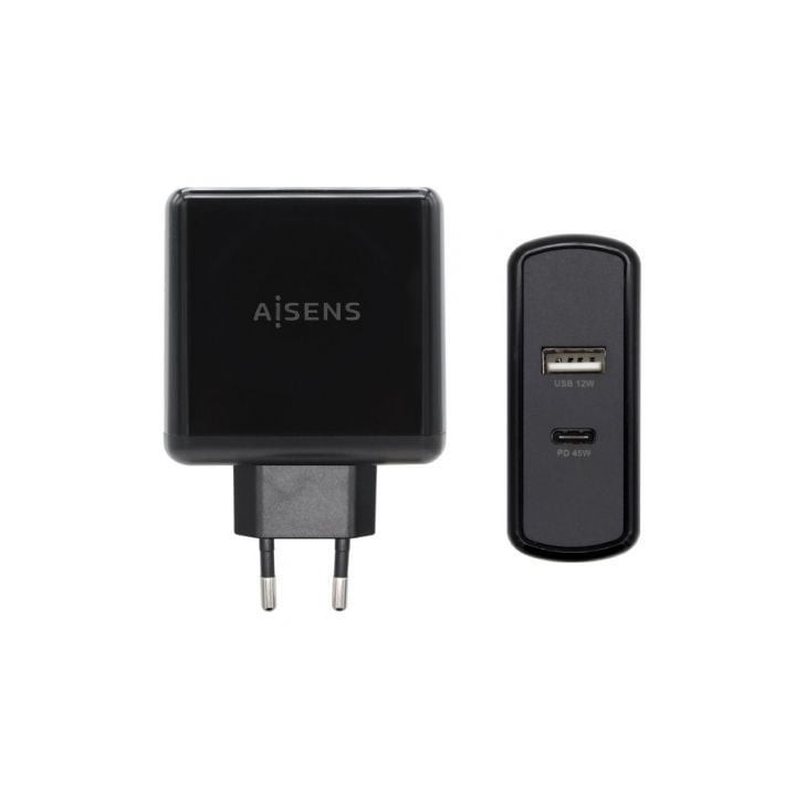 Cargador de Pared Aisens ASCH-2PD45A-BK/ 1xUSB Tipo-C/ 1x USB/ 57W