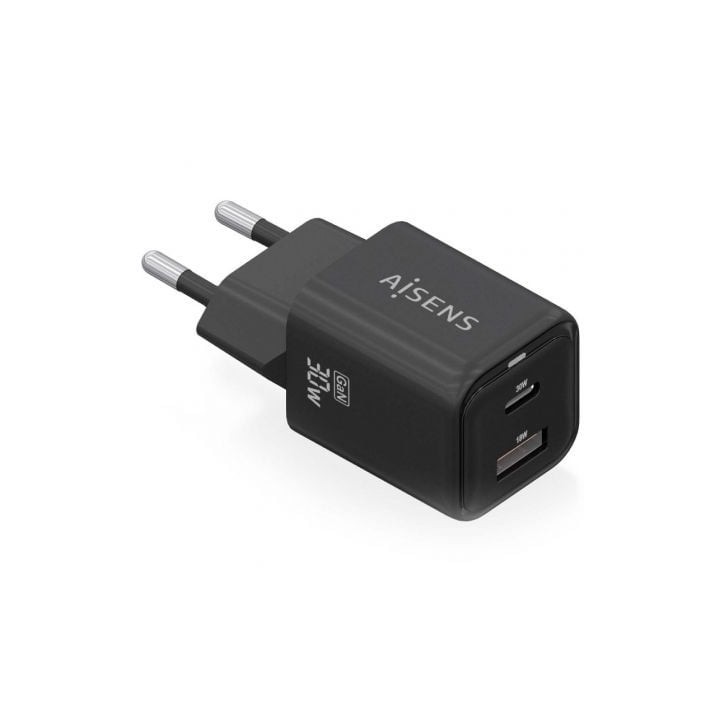 Cargador de Pared GaN Aisens ASCH-30W2P021-BK/ 1xUSB Tipo-C/ 1xUSB/ 30W