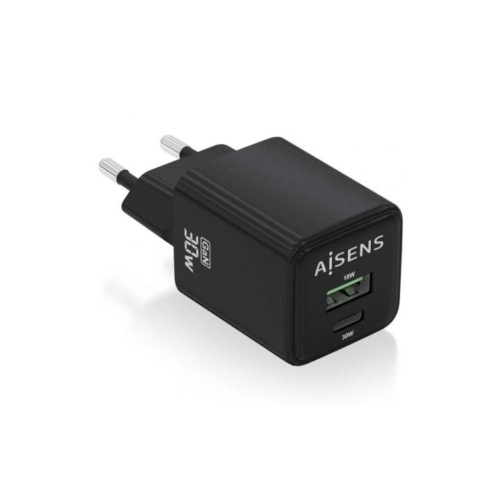 Cargador de Pared GaN Aisens ASCH-30W2P038-BK/ 1xUSB Tipo-C/ 1xUSB/ 30W
