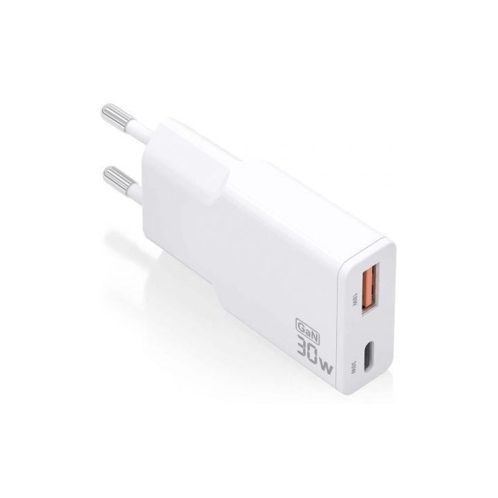 Cargador de Pared GaN Aisens ASCH-30W2P046-W/ 1xUSB Tipo-C/ 1xUSB/ 30W/ Blanco