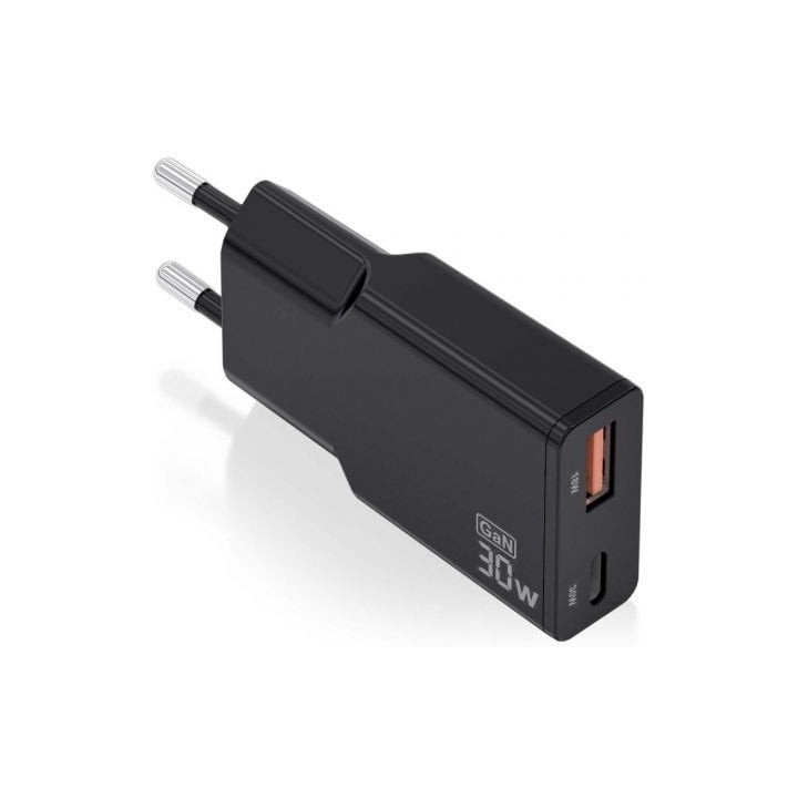 Cargador de Pared GaN Aisens ASCH-30W2P047-BK/ 1xUSB Tipo-C/ 1xUSB/ 30W/ Negro