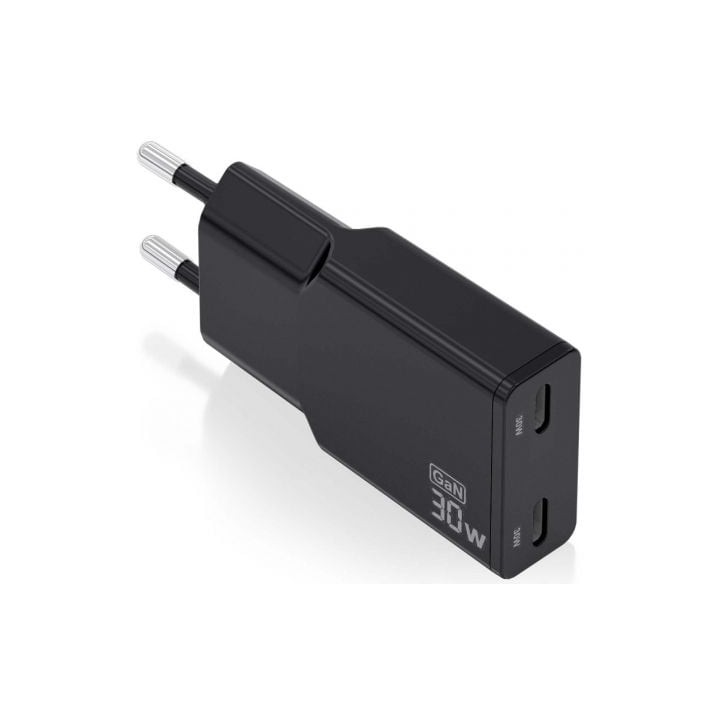 Cargador de Pared GaN Aisens ASCH-30W2P049-BK/ 2xUSB Tipo-C/ 30W/ Negro