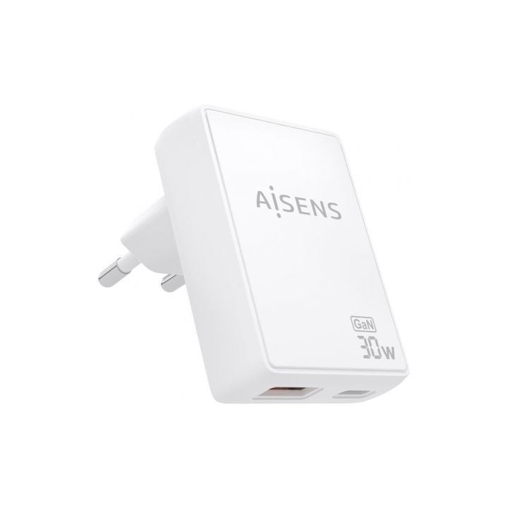 Cargador de Pared GaN Aisens ASCH-30W2P074-W/ 1xUSB Tipo-C/ 1xUSB/ 30W/ Blanco