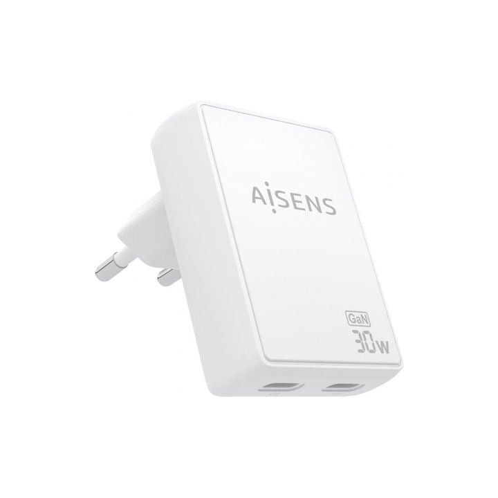 Cargador de Pared GaN Aisens ASCH-30W2P075-W/ 2xUSB Tipo-C/ 30W/ Blanco