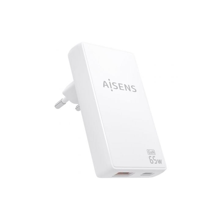 Cargador de Pared GaN Aisens ASCH-65W2P076-W/ 1xUSB Tipo-C/ 1xUSB/ 65W/ Blanco