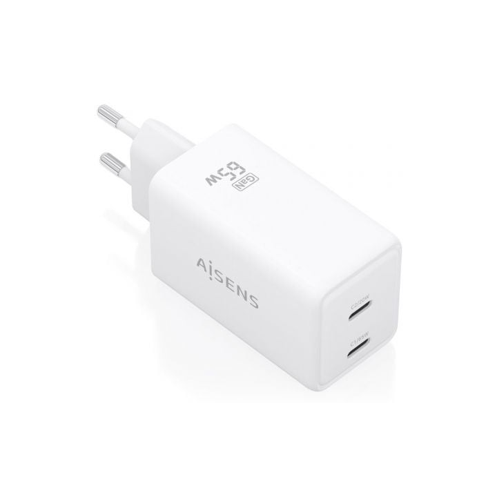 Cargador de Pared GaN Aisens ASCH-65W2P078-W/ 2xUSB Tipo-C/ 65W/ Blanco