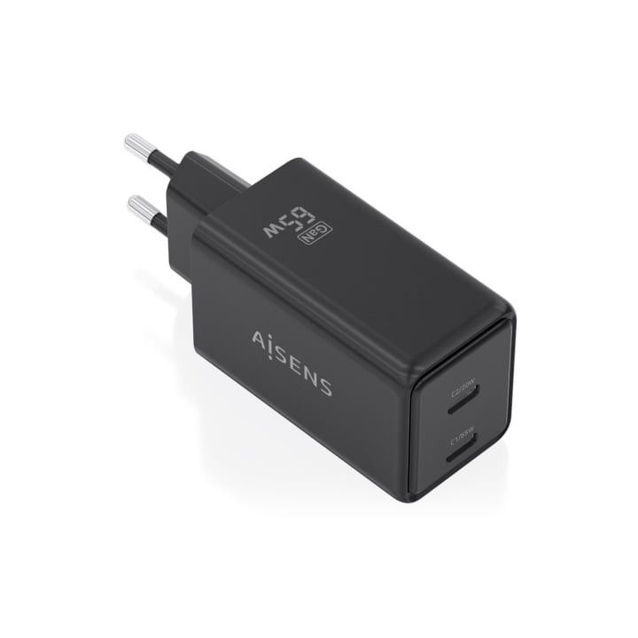 Cargador de Pared GaN Aisens ASCH-65W2P079-BK/ 2xUSB Tipo-C/ 65W/ Negro