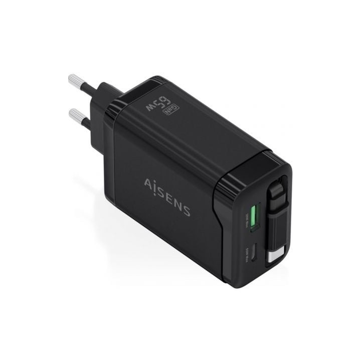 Cargador de Pared GaN Aisens ASCH-65W3P071-BK/ 1xUSB Tipo-C/ 1xUSB/ 65W/ Negro